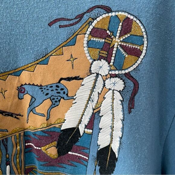 Vintage 80s Single Stitch Diamond Dust Native American Indian Horse Tshirt L - Picture 5 of 9